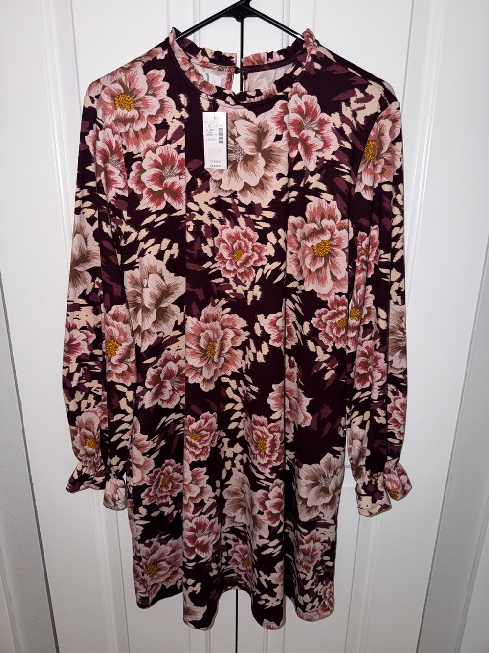Maurice’s Floral Long-Sleeve Tunic Dress in Burgundy and Blush